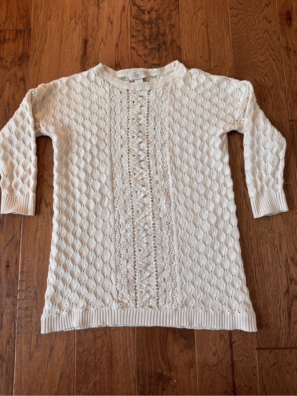 LOFT Cream Crewneck Cable Knit Sweater with Center Lace Panel